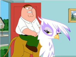 Size: 800x595 | Tagged: safe, imported from derpibooru, gilda, griffon, door, family guy, female, frown, glare, gritted teeth, humans riding griffons, lidded eyes, looking back, peter griffin, pun, riding, unamused