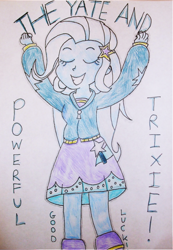 Size: 952x1376 | Tagged: safe, artist:blazingdazzlingdusk, imported from derpibooru, trixie, equestria girls, drawing, eyes closed, female, great and powerful, solo, traditional art