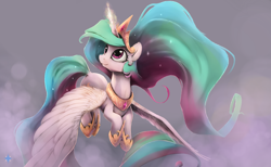 Size: 2600x1600 | Tagged: dead source, safe, artist:noctilucent-arts, imported from derpibooru, princess celestia, alicorn, pony, airborne, collar, crown, cute, cutelestia, dock, female, fluffy, flying, glowing horn, jewelry, looking up, magic, majestic, mare, necklace, regalia, simple background, smiling, solo, spread wings, tiara, wings