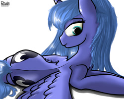 Size: 1500x1200 | Tagged: safe, artist:redvais, artist:redvaisandandre, imported from derpibooru, princess luna, both cutie marks, butt, female, messy mane, moonbutt, on side, plot, s1 luna, side, simple background, solo