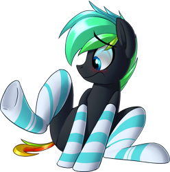 Size: 1474x1483 | Tagged: safe, artist:january3rd, imported from derpibooru, oc, oc only, oc:glitch, clothes, cute, embarrassed, simple background, socks, solo, striped socks, transparent background, underhoof