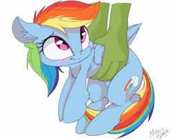 Size: 2917x2363 | Tagged: dead source, safe, artist:mistydash, imported from derpibooru, rainbow dash, oc, oc:anon, human, pegasus, pony, :t, blushing, chest fluff, cute, dashabetes, disembodied hand, ear fluff, female, fluffy, hand, holding a pony, leg fluff, lifting, looking back, looking up, mare, nose wrinkle, simple background, smiling, solo focus, white background, wing fluff