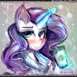 Size: 1024x1024 | Tagged: safe, artist:rainbowblueberry2016, imported from derpibooru, rarity, pony, unicorn, blushing, clothes, coffee, female, food, glowing horn, levitation, magic, mare, solo, sweater, telekinesis, watermark