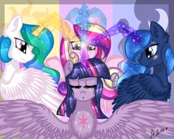 Size: 1280x1024 | Tagged: safe, artist:arta-the-pony, imported from derpibooru, princess cadance, princess celestia, princess luna, twilight sparkle, alicorn, pony, twilight's kingdom, alicorn tetrarchy, blushing, eyes closed, female, magic, mare, scene interpretation, twilight sparkle (alicorn)