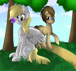 Size: 2182x2048 | Tagged: safe, artist:arta-the-pony, imported from derpibooru, derpy hooves, doctor whooves, time turner, butterfly, pegasus, pony, female, mare, tree