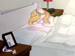 Size: 1024x768 | Tagged: safe, artist:goshhhh, imported from derpibooru, oc, oc only, oc:crystal wishes, oc:silent knight, alarm clock, bed, blanket, braid, end table, eyebrows, eyes closed, female, horn ring, lamp, male, medal, oc x oc, offspring, offspring shipping, parent:jet set, parent:upper crust, parents:upperset, photo, pillow, ring, shipping, silentwishes, sleeping, smiling, snooze, solo, straight, wedding photo