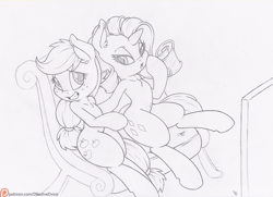 Size: 1000x725 | Tagged: safe, artist:dfectivedvice, imported from derpibooru, applejack, rarity, grayscale, monochrome, movie night, patreon, patreon logo, rarijack, shipping, sketch