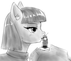 Size: 1015x872 | Tagged: safe, artist:alloyrabbit, imported from derpibooru, maud pie, anthro, human, pony, anthro with ponies, giant pony, human ponidox, humanized, licking, macro, monochrome, size difference, tongue out