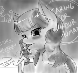 Size: 1052x986 | Tagged: safe, artist:alloyrabbit, imported from derpibooru, cheerilee, earth pony, human, pony, blushing, chalkboard, dialogue, female, human ponidox, humanized, licking, macro, mare, monochrome, size difference, tongue out