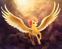 Size: 2000x1572 | Tagged: safe, artist:viwrastupr, imported from derpibooru, spitfire, pegasus, pony, cloud, cloudsdale, female, flying, large wings, looking at you, solo, spread wings, unshorn fetlocks