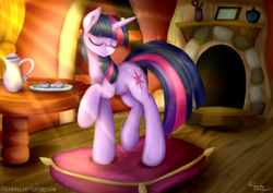 Size: 1024x724 | Tagged: safe, artist:julunis14, imported from derpibooru, twilight sparkle, pony, unicorn, spike at your service, crepuscular rays, cup, eyes closed, female, mare, pillow, scene interpretation, solo, teacup, unicorn twilight