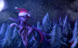 Size: 1920x1200 | Tagged: safe, artist:miokomata, imported from derpibooru, twilight sparkle, alicorn, pony, female, flying, forest, hat, mare, moon, night, santa hat, snow, snowfall, solo, twilight sparkle (alicorn), winter