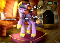 Size: 1600x1131 | Tagged: safe, artist:julunis14, imported from derpibooru, twilight sparkle, pony, unicorn, spike at your service, behaving like a cat, cat ears, clothes, costume, crepuscular rays, cute, eyes closed, female, mare, pillow, scene interpretation, solo, twilight cat, unicorn twilight, whiskers