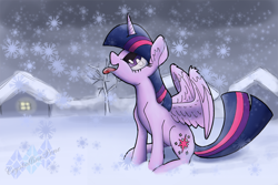 Size: 960x640 | Tagged: safe, artist:crystallinepone, imported from derpibooru, twilight sparkle, alicorn, pony, female, mare, sitting, snow, snowfall, solo, spread wings, tongue out, twilight sparkle (alicorn), winter