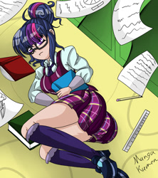 Size: 1067x1200 | Tagged: safe, artist:fourze-pony, imported from derpibooru, sci-twi, twilight sparkle, human, equestria girls, clothes, crystal prep academy uniform, cute, fallen, female, glasses, hair bun, human coloration, humanized, looking at you, necktie, nerd, pleated skirt, ruler, school uniform, shoes, skirt, socks, solo, twiabetes, uniform