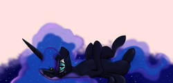 Size: 1653x802 | Tagged: safe, artist:vincentjiang0v0, imported from derpibooru, nightmare moon, female, on back, solo