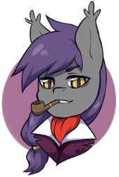 Size: 711x1054 | Tagged: safe, artist:paichitaron, imported from derpibooru, oc, oc only, oc:center stage, bat pony, pony, ascot, bust, clothes, male, pipe, portrait, solo, stallion