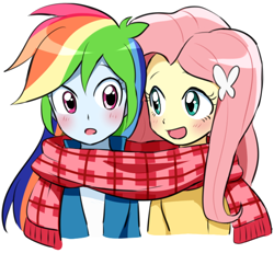 Size: 622x574 | Tagged: safe, artist:ryuu, imported from derpibooru, fluttershy, rainbow dash, equestria girls, blushing, clothes, female, flutterdash, lesbian, scarf, shared clothing, shared scarf, shipping, simple background, white background