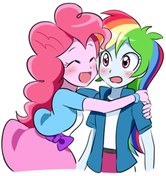 Size: 608x645 | Tagged: safe, artist:ryuu, imported from derpibooru, pinkie pie, rainbow dash, equestria girls, blushing, clothes, cute, eyes closed, hug, simple background, skirt, white background