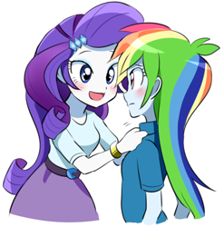 Size: 618x625 | Tagged: safe, artist:ryuu, imported from derpibooru, rainbow dash, rarity, equestria girls, blushing, bracelet, clothes, female, jewelry, lesbian, raridash, shipping, simple background, skirt, white background