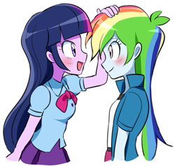 Size: 649x615 | Tagged: safe, artist:ryuu, imported from derpibooru, rainbow dash, twilight sparkle, equestria girls, blushing, bowtie, clothes, cute, dashabetes, female, head pat, lesbian, open mouth, pat, shipping, skirt, twiabetes, twidash