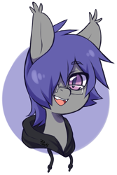 Size: 709x1064 | Tagged: safe, artist:paichitaron, imported from derpibooru, oc, oc only, oc:dusk rhine, bat pony, pony, bust, clothes, colored pupils, cute, fangs, glasses, hair over one eye, happy, hoodie, male, portrait, solo, stallion