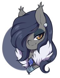 Size: 769x1000 | Tagged: safe, artist:paichitaron, imported from derpibooru, oc, oc only, oc:vibrant vision, bat pony, pony, bust, earring, evil, evil grin, female, fluffy, gem, hair over one eye, mare, piercing, portrait, solo