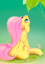 Size: 800x1134 | Tagged: safe, artist:rodrigues404, imported from derpibooru, fluttershy, pegasus, pony, back, butt, cute, dew, dock, drinking, female, flutterbutt, leaf, looking up, mare, outdoors, plot, shyabetes, sitting, solo, tongue out, water droplet