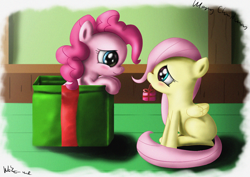 Size: 2500x1770 | Tagged: safe, artist:neko-me, imported from derpibooru, fluttershy, pinkie pie, pony, box, christmas, cute, diapinkes, duo, eye contact, female, filly, filly fluttershy, filly pinkie pie, gift giving, mouth hold, pony in a box, present, shyabetes, sitting, smiling, younger