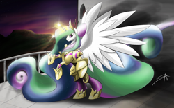 Size: 4000x2500 | Tagged: safe, artist:nakijan, imported from derpibooru, princess celestia, armor, balcony, female, magic, raising the sun, rearing, smiling, solo, spread wings, sun work, sunrise