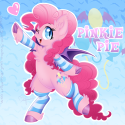 Size: 3500x3500 | Tagged: safe, artist:pvrii, artist:silent-shadow-wolf, imported from derpibooru, pinkie pie, bat pony, pony, bipedal, chest fluff, fangs, female, fluffy, heart, leg warmers, mare, one eye closed, race swap, smiling, solo, wink