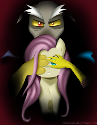 Size: 835x1072 | Tagged: safe, artist:musapan, imported from derpibooru, discord, fluttershy, covering eyes, duo, guess who