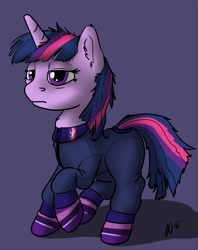 Size: 1300x1643 | Tagged: safe, artist:dombrus, imported from derpibooru, twilight sparkle, clothes, female, messy mane, pajamas, socks, solo