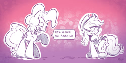 Size: 1280x640 | Tagged: safe, artist:dilarus, deleted from derpibooru, imported from derpibooru, applejack, pinkie pie, meet-the-pones, looking at you, motivational, smiling, smirk, vulgar