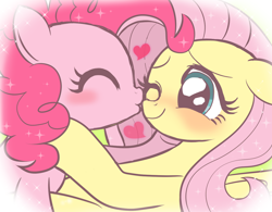 Size: 1280x996 | Tagged: safe, artist:momo, imported from derpibooru, fluttershy, pinkie pie, earth pony, pegasus, pony, blushing, cheek kiss, cute, diapinkes, duo, eyes closed, female, floppy ears, flutterpie, heart, kissing, lesbian, mare, one eye closed, shipping, shyabetes, smiling, sparkles, wink