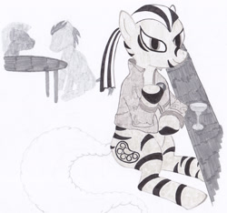 Size: 1280x1198 | Tagged: safe, imported from derpibooru, oc, oc only, zebra, clothes, counter, female, gray, grayscale, jacket, leather jacket, limited palette, markers, monochrome, ponytail, solo, traditional art