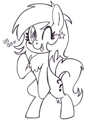 Size: 500x708 | Tagged: safe, artist:traditionaldrawfaglvl1, imported from derpibooru, oc, oc only, oc:anon, oc:filly anon, pony, /mlp/, bipedal, chest fluff, female, filly, grayscale, monochrome, simple background, solo, standing, white background, wink