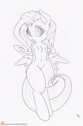 Size: 661x1000 | Tagged: safe, artist:dfectivedvice, imported from derpibooru, fluttershy, semi-anthro, chest fluff, ear fluff, female, grayscale, monochrome, patreon, patreon logo, solo