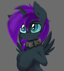 Size: 600x669 | Tagged: dead source, safe, artist:adamirvine, artist:grumblepluck, edit, imported from derpibooru, oc, oc only, oc:nyx, alicorn, pony, alicorn oc, collar, pony pet, simple background, solo