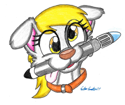 Size: 2229x1875 | Tagged: safe, artist:silversimba01, imported from derpibooru, derpy hooves, dog, collar, doctor who, female, hand drawing, solo, sonic screwdriver, species swap, switch, traditional art