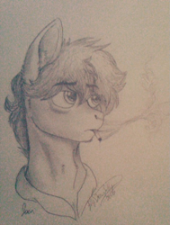 Size: 599x793 | Tagged: safe, artist:fillydrawsilly, imported from derpibooru, oc, oc only, oc:joen klausen, earth pony, pony, black and white, cigarette, grayscale, male, monochrome, simple background, smoking, solo, stallion, traditional art