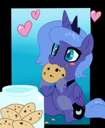 Size: 800x970 | Tagged: safe, artist:johnjoseco, artist:krazykari, imported from derpibooru, princess luna, alicorn, pony, blushing, cookie, cute, female, filly, food, heart, lunabetes, sitting, solo, woona