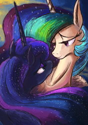 Size: 1188x1680 | Tagged: safe, artist:plainoasis, imported from derpibooru, princess celestia, princess luna, alicorn, pony, eye contact, female, incest, lesbian, lidded eyes, looking at each other, mare, princest, royal sisters, shipping