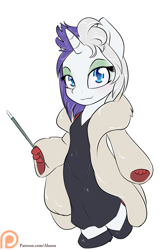 Size: 900x1350 | Tagged: safe, artist:alasou, imported from derpibooru, rarity, anthro, plantigrade anthro, unicorn, 101 dalmatians, black dress, chibi, cigarette holder, clothes, cosplay, costume, cruella de vil, dress, female, fur coat, looking at you, mare, patreon, patreon logo, shoes, simple background, smiling, solo, white background