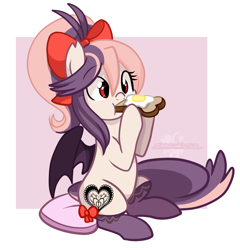 Size: 1404x1462 | Tagged: safe, artist:xwhitedreamsx, imported from derpibooru, oc, oc only, oc:sweet velvet, bat pony, pony, bread, cute, eating, food, fried egg, solo, toast