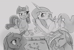 Size: 1280x865 | Tagged: safe, artist:silfoe, imported from derpibooru, princess cadance, princess celestia, princess luna, twilight sparkle, alicorn, pony, royal sketchbook, alicorn tetrarchy, female, grayscale, mare, monochrome, monopoly, monopony, smiling, smirk, twilight sparkle (alicorn)