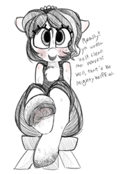 Size: 635x914 | Tagged: safe, artist:whydomenhavenipples, imported from derpibooru, oc, oc only, oc:dairy anne, chest fluff, dialogue, dirty hooves, female, hoof fetish, hooves, monochrome, solo, underhoof