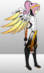 Size: 1024x1684 | Tagged: safe, artist:shadyhorseman, imported from derpibooru, fluttershy, human, angel, crossover, cure, female, healer, humanized, mercy, mercyshy, overwatch, parody, solo, winged humanization