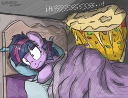 Size: 1100x844 | Tagged: safe, artist:flutterthrash, imported from derpibooru, twilight sparkle, alicorn, pony, bed, dream, female, food, mare, nightmare, quesadilla, quesadilla monster, scared, sleeping, they're just so cheesy, twilight sparkle (alicorn), wide eyes