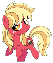 Size: 564x676 | Tagged: safe, artist:unoriginai, imported from derpibooru, oc, oc only, oc:apple brandy, balancing, bangs, cute, female, filly, goddamnit unoriginai, hair over eyes, offspring, parent:applejack, parent:big macintosh, parents:applemac, product of incest, raised hoof, raised leg, simple background, smiling, solo, white background